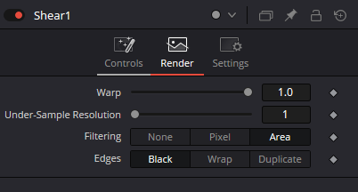 Shear real Resolve 21 Render Inspector with Warp 1.0, Under-Sample Resolution 1, Filtering None/Pixel/Area and Edges Black/Wrap/Duplicate