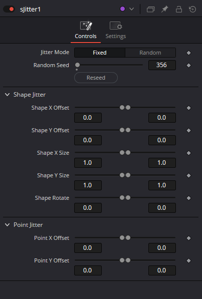 sJitter Controls: Fixed/Random, Random Seed 356, Reseed, Shape Jitter ranges and Point Jitter ranges