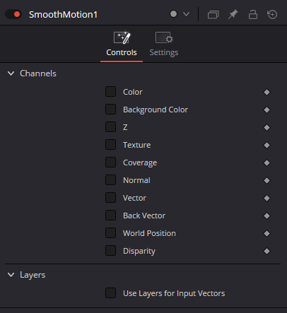 SmoothMotion Controls: channel checkboxes Color, Background Color, Z, Texture, Coverage, Normal, Vector, Back Vector, World Position, Disparity and Layers control Use Layers for Input Vectors
