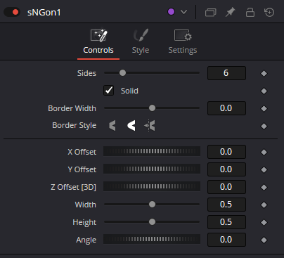 sNGon Controls with Sides 6, Solid enabled, Border Width, Border Style, X/Y/Z Offset, Width, Height and Angle