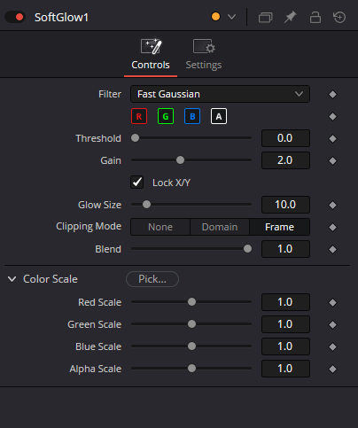 SoftGlow Controls: Filter, каналы RGBA, Threshold, Gain, Glow Size, Clipping Mode, Blend и Color Scale