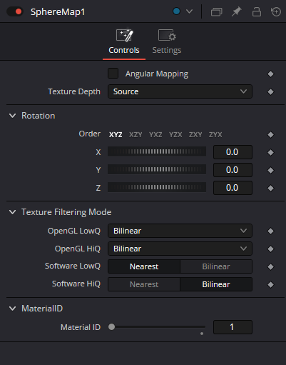 SphereMap Controls: Angular Mapping, Texture Depth, Rotation, Texture Filtering Mode и Material ID