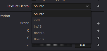 SphereMap Texture Depth menu: Source, int8, int16, float16, float32
