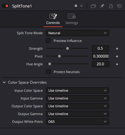 SplitTone Controls with mode, strength, pivot, hue angle and color space overrides