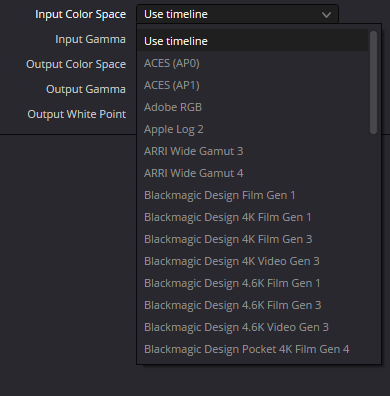 SplitTone Input Color Space menu