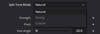 SplitTone Mode menu: Natural, Strong and Custom