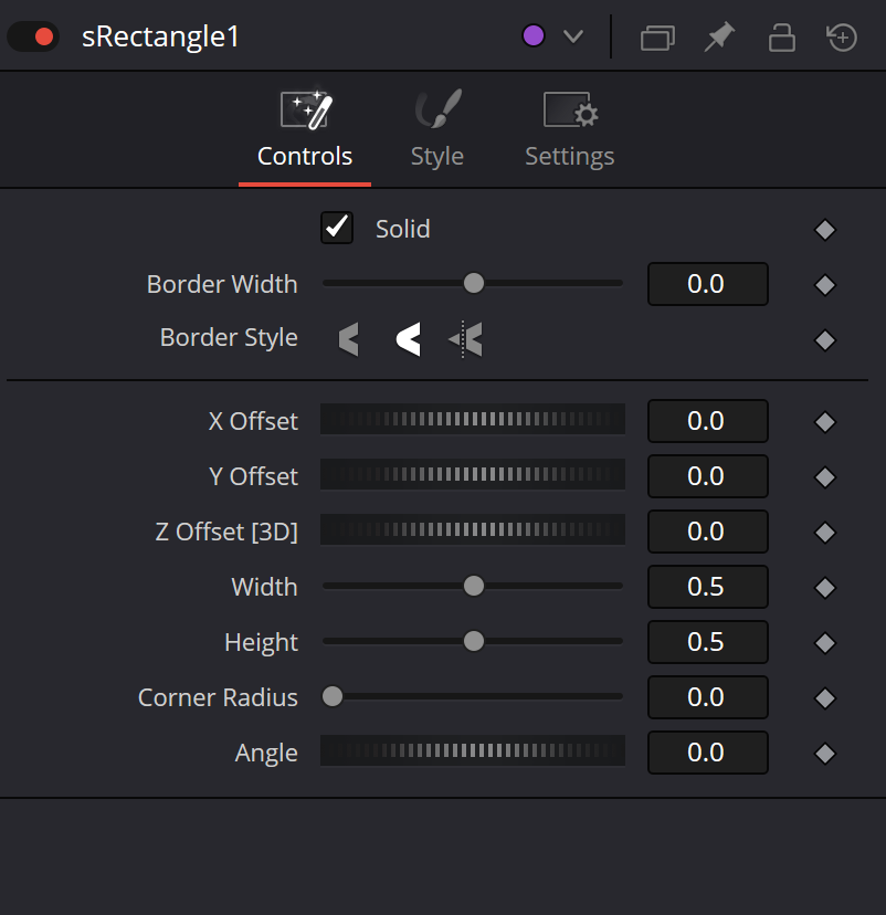 sRectangle Controls with Solid, Border Width/Style, X/Y/Z Offset, Width, Height, Corner Radius and Angle