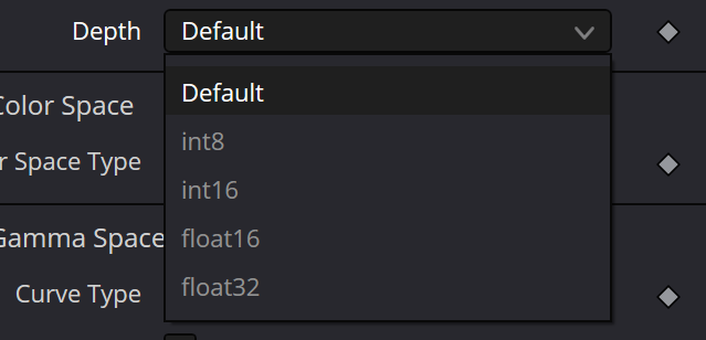 sRender Depth menu with Default, int8, int16, float16 and float32