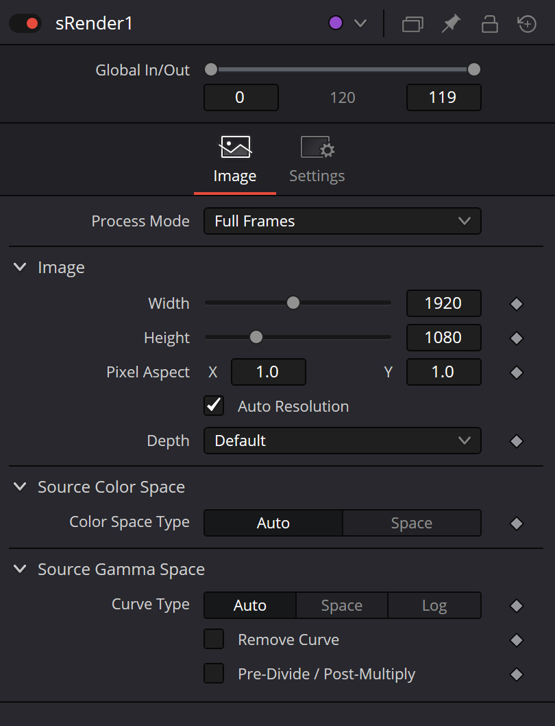 sRender Image tab with Global In/Out, Process Mode, raster format, Depth, Source Color Space and Source Gamma Space