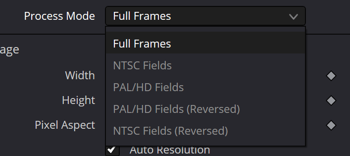 sRender Process Mode menu with Full Frames and field-processing modes