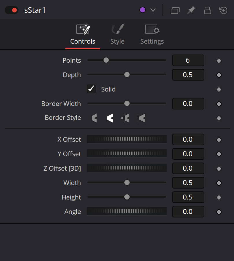 sStar Controls with Points, Depth, Solid, Border Width/Style, X/Y/Z Offset, Width, Height and Angle