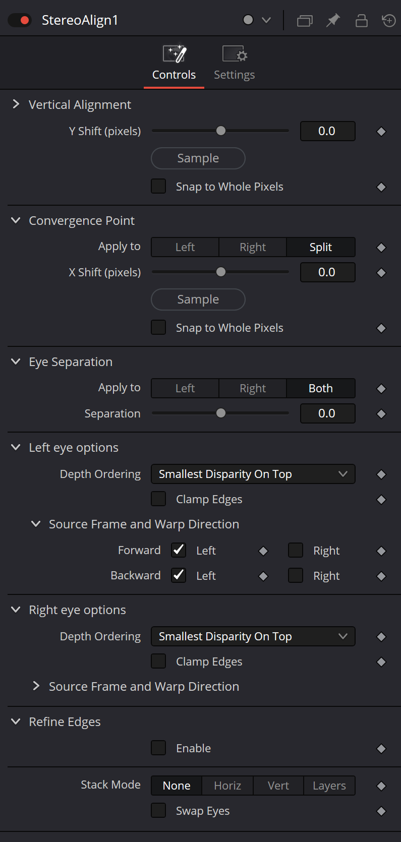 StereoAlign Controls with vertical alignment, convergence, eye separation, left/right eye options, refine edges, stack mode and swap eyes