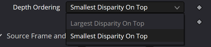 StereoAlign right eye Depth Ordering menu with Largest Disparity On Top and Smallest Disparity On Top