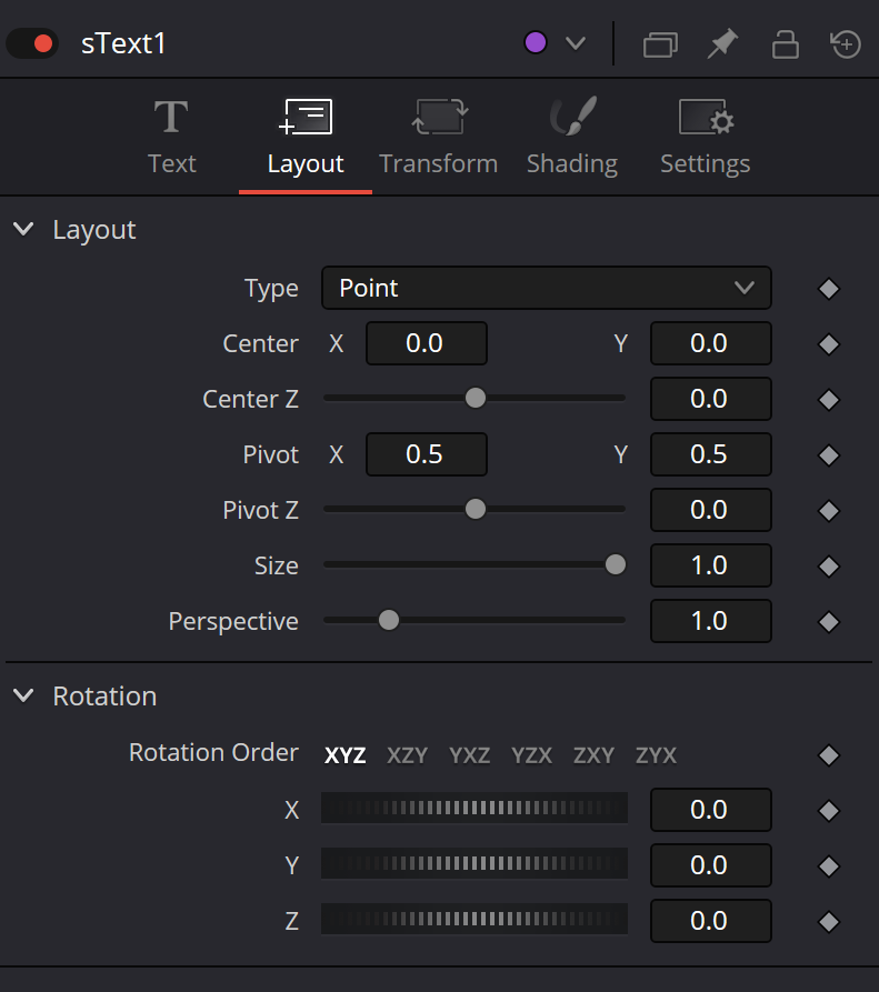 sText Layout tab with Point type, Center, Pivot, Size, Perspective and XYZ rotation controls