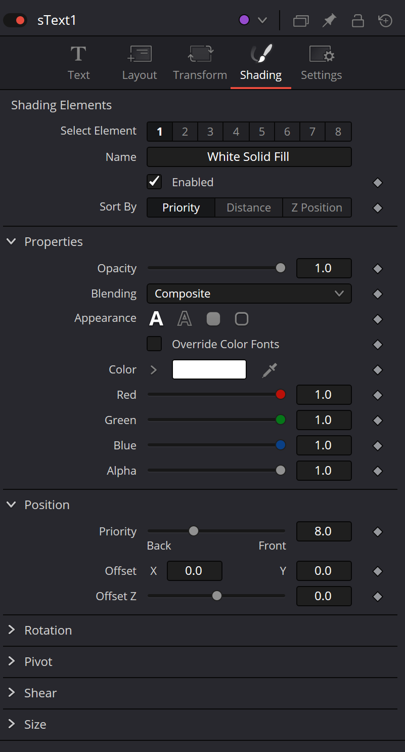 sText Shading tab with eight elements, opacity, blending, appearance, RGBA, priority and per-element transforms