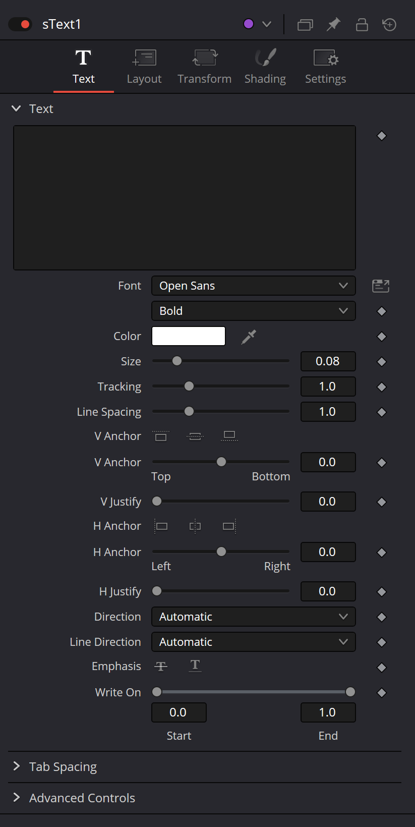 sText Text tab with font, size, tracking, anchors, justification, direction, Write On, Tab Spacing and Advanced Controls