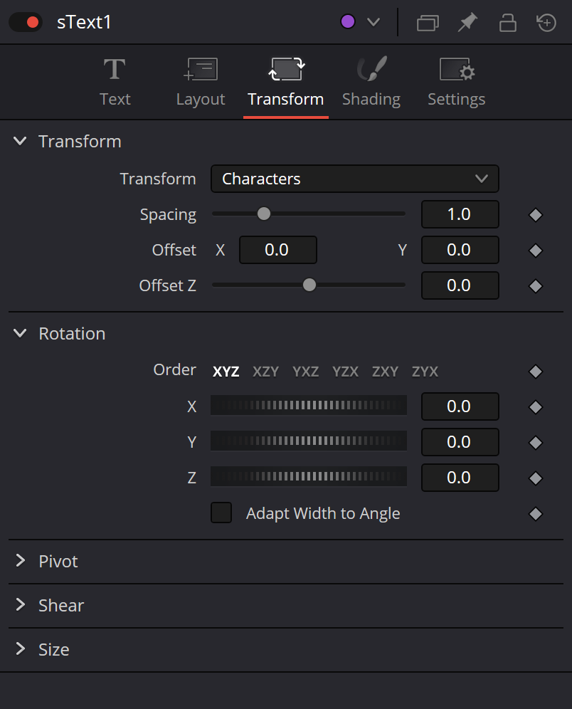 sText Transform tab with Characters scope, Spacing, Offset, Rotation, Adapt Width to Angle, Pivot, Shear and Size groups