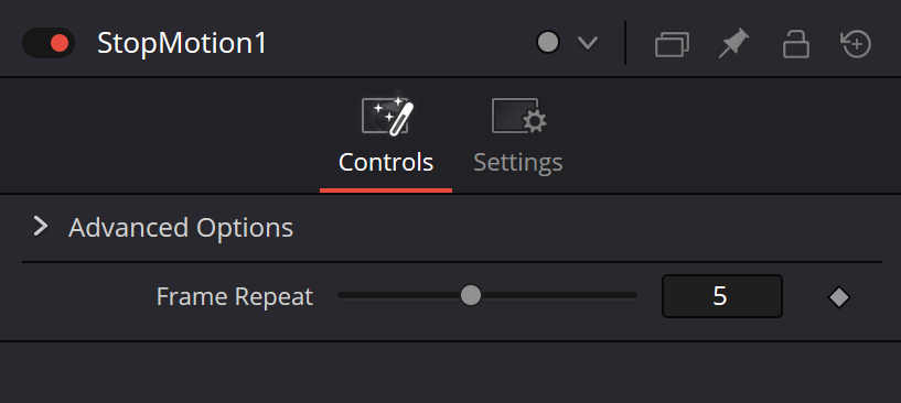 StopMotion Controls в Resolve/Fusion: свёрнутый Advanced Options и Frame Repeat со значением 5