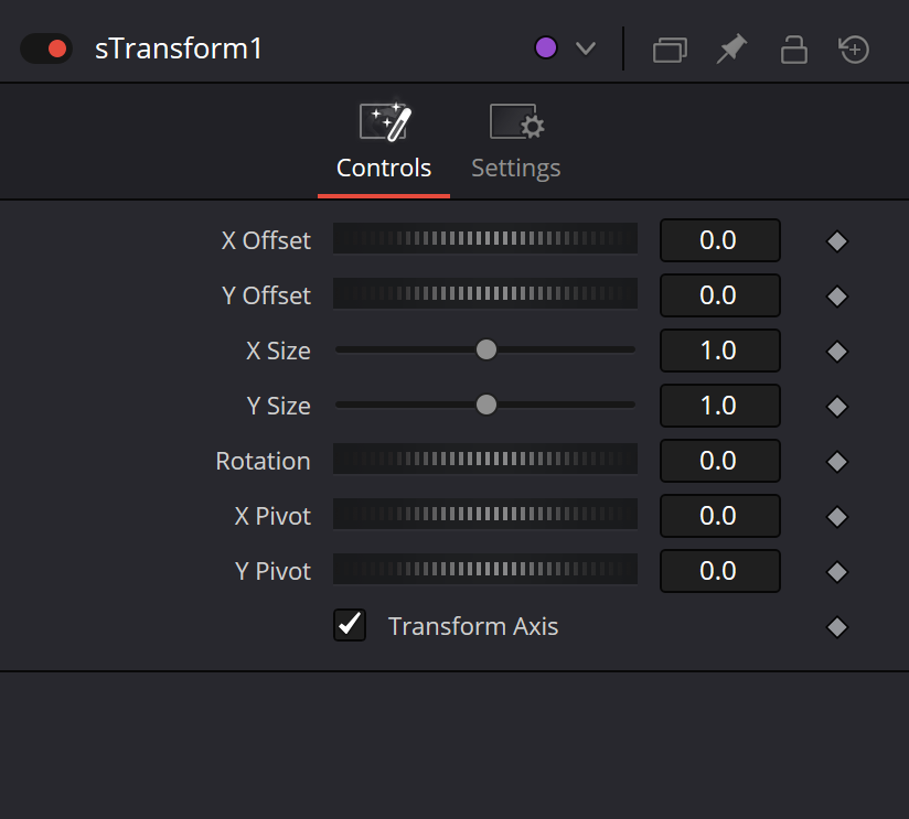 sTransform Controls: X/Y Offset, X/Y Size, Rotation, X/Y Pivot and Transform Axis