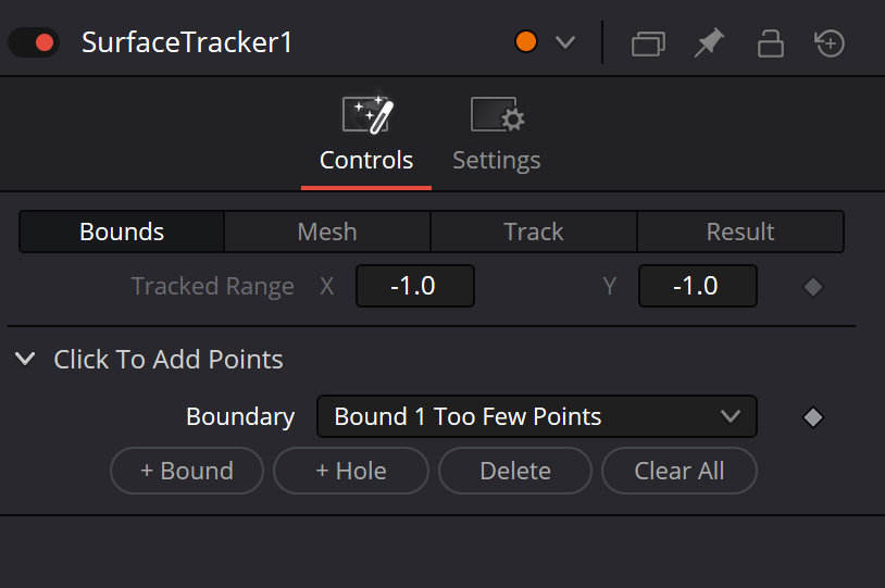 Surface Tracker Bounds tab with Tracked Range, Boundary, Bound, Hole, Delete and Clear All controls