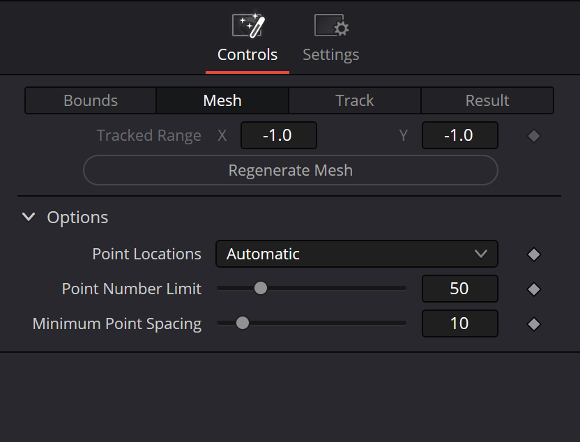 Surface Tracker Mesh tab with Regenerate Mesh, Point Locations, Point Number Limit and Minimum Point Spacing
