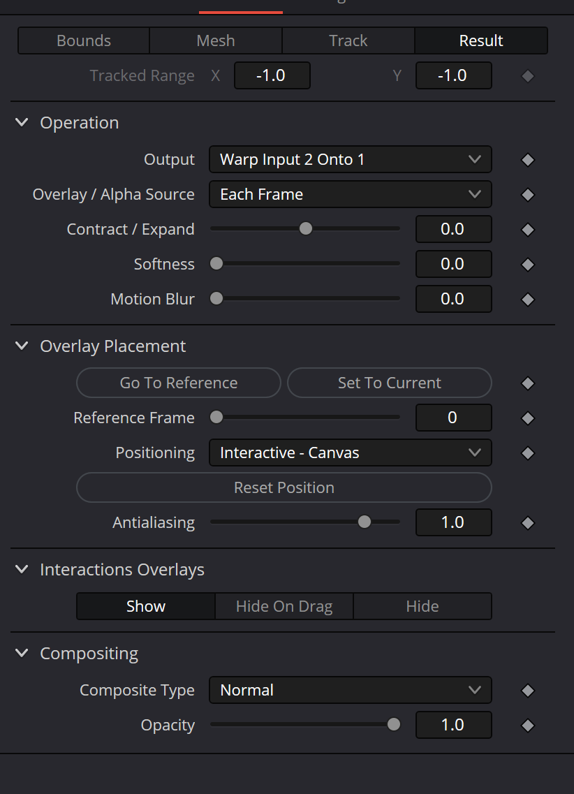 Surface Tracker Result tab with Output, Overlay Alpha Source, edge controls, Overlay Placement, Antialiasing, compositing and Opacity