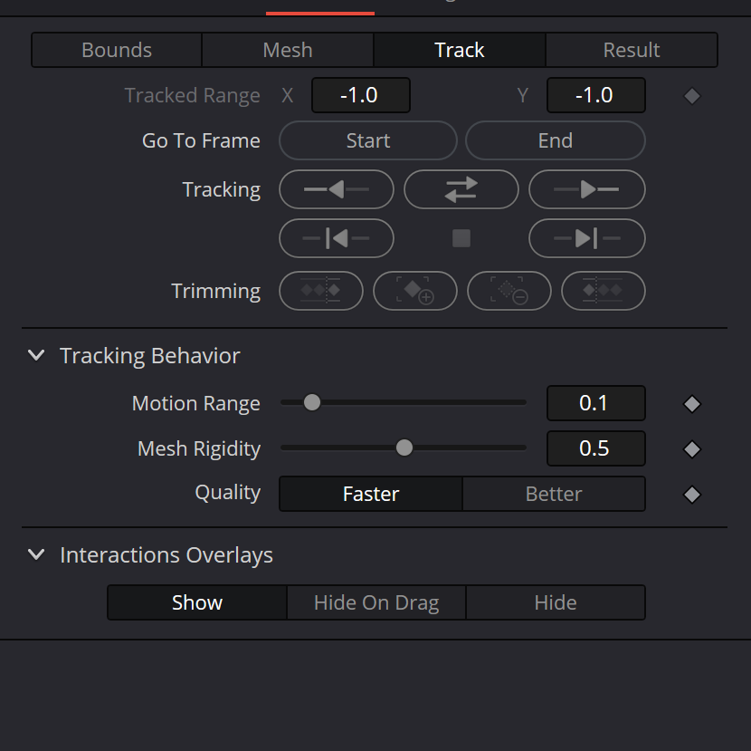 Surface Tracker Track tab with tracking controls, Trimming, Motion Range, Mesh Rigidity, Quality and Interaction Overlays