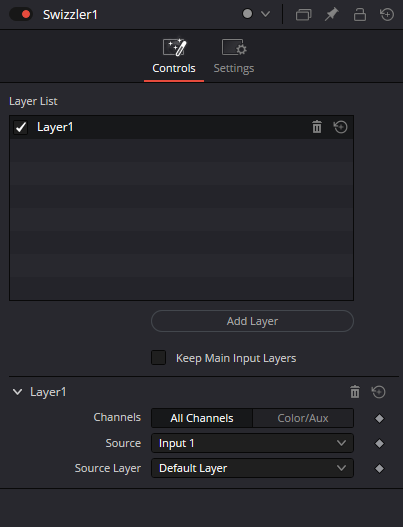 Swizzler Controls: Layer List, Keep Main Input Layers and Layer1 settings