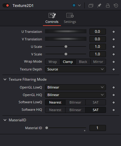 Texture2D — Controls: U/V Translation, U/V Scale, Wrap Mode, Texture Depth, Filtering Mode, Material ID
