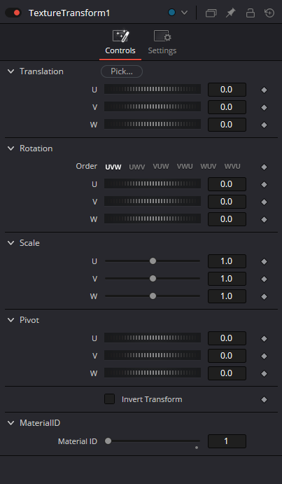 TextureTransform — Controls: Translation, Rotation, Scale, Pivot, Invert Transform and Material ID