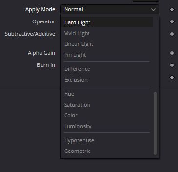Trails Apply Mode menu: Hard Light, Difference, Exclusion, Hue, Saturation, Color, Luminosity, Hypotenuse, Geometric