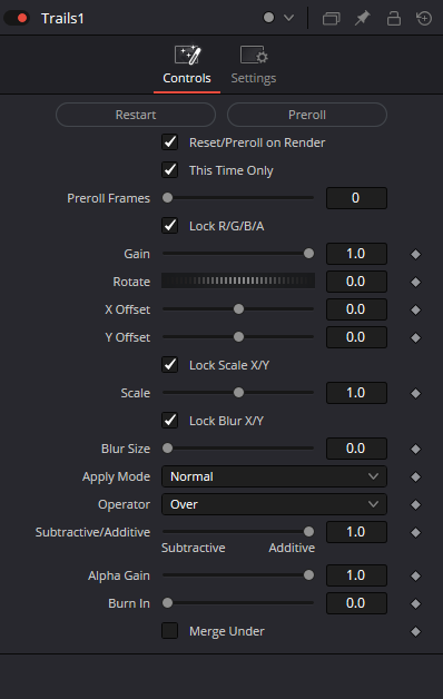 Trails Controls: Restart, Preroll, Gain, Rotate, Offset, Scale, Blur, Apply Mode и Operator