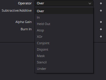 Trails Operator menu: Over, In, Held Out, Atop, XOr, Conjoint, Disjoint, Mask, Stencil, Under