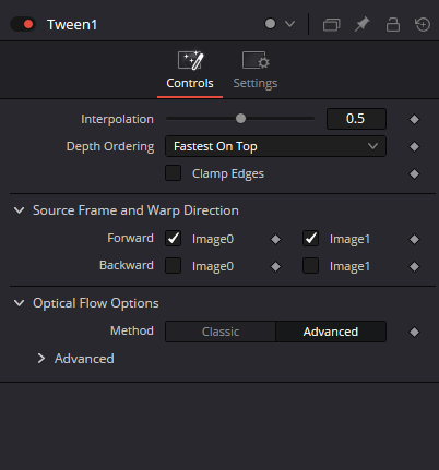 Tween — Controls: Interpolation, Depth Ordering, Clamp Edges, Source Frame and Warp Direction, Optical Flow Options