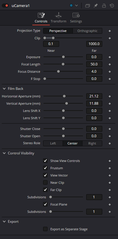uCamera — Controls: Projection Type, Clip, Exposure, Focal Length, Film Back, Control Visibility and Export
