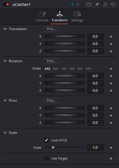 uCatcher — Transform tab with Translation, Rotation, Pivot and Scale