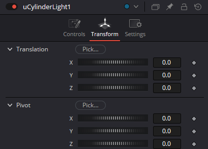 uCylinderLight — Transform tab with Translation and Pivot