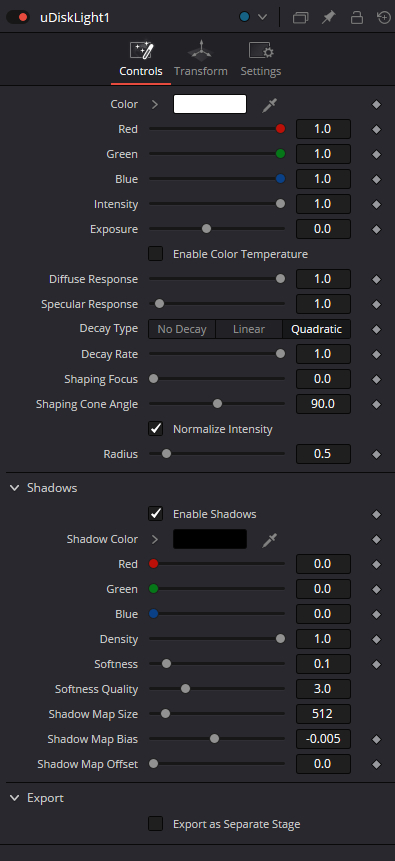 uDiskLight — Controls: color, intensity, decay, radius, shadows and export
