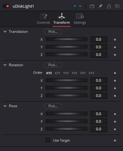 uDiskLight — Transform tab with Translation and Pivot