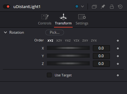 uDistantLight — вкладка Transform: Rotation и Use Target