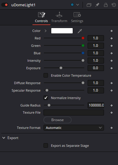 uDomeLight — вкладка Controls: цвет, интенсивность, Guide Radius, Texture File и Texture Format