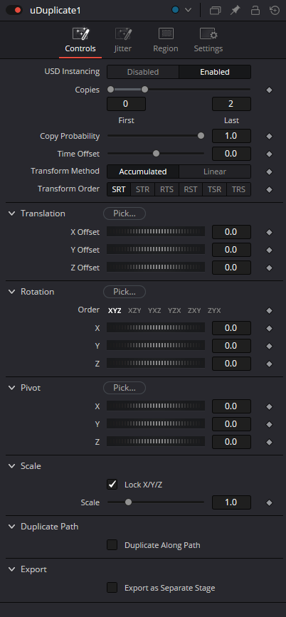 uDuplicate — вкладка Controls: USD Instancing, Copies, Transform, Duplicate Path и Export