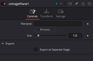 uImagePlane Controls: Filename, Browse, Size и Export