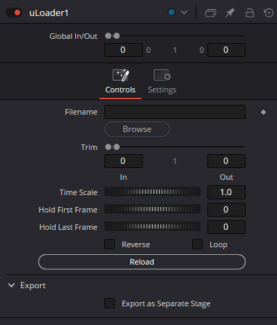 uLoader Controls: Filename, Trim, Time Scale, Hold, Reverse, Loop, Reload и Export