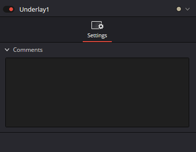 Underlay — вкладка Settings с полем Comments для заметок и описания группы нод