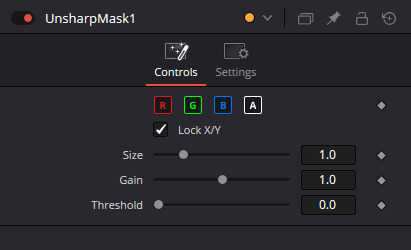 UnsharpMask Controls: каналы R/G/B/A, Lock X/Y, Size, Gain и Threshold