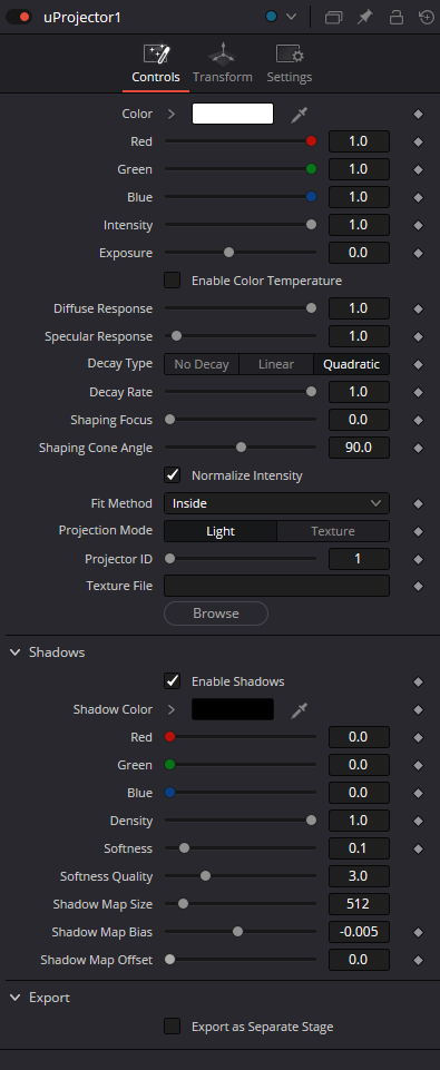 uProjector Controls: цвет, интенсивность, shaping, projection mode, shadows и export