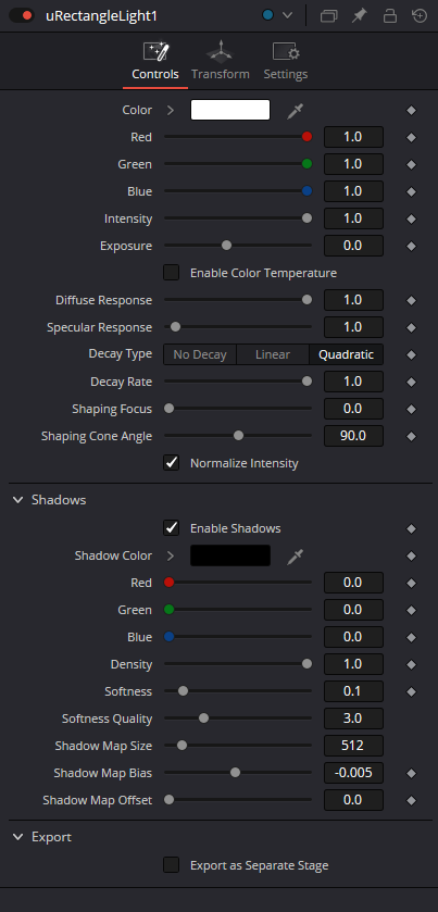 uRectangleLight Controls: Color, Intensity, Exposure, Decay, Shadows and Export