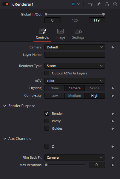 uRenderer Controls: Camera, Renderer Type, AOV, Lighting, Complexity, Render Purpose and Aux Channels
