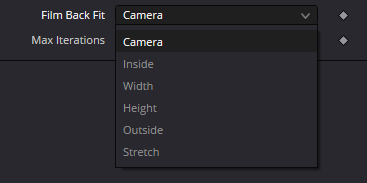 uRenderer Film Back Fit menu: Camera, Inside, Width, Height, Outside and Stretch